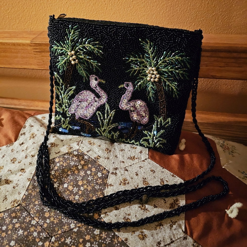 Vintage Black Flamingo Beaded Purse Bag Crossbody Small